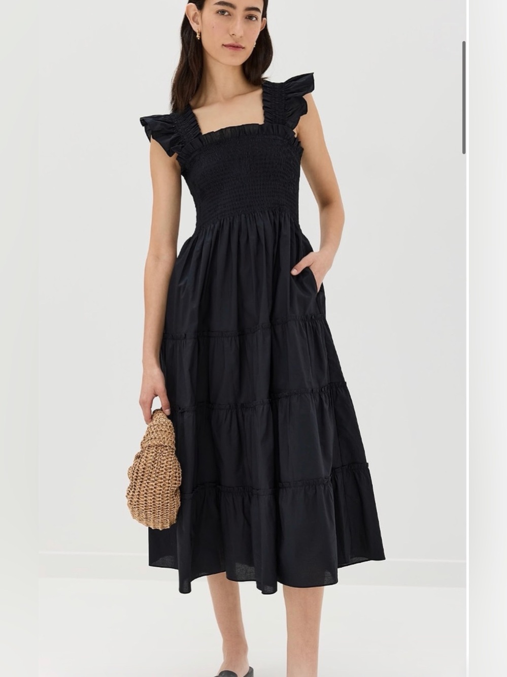 Hill House Size M • Ellie Nap Dress Black Cotton Smocked Tiered Midi.